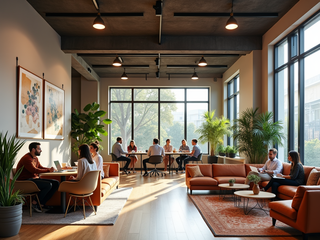 Modern office lounge with groups of people working and discussing, large windows, and indoor plants.