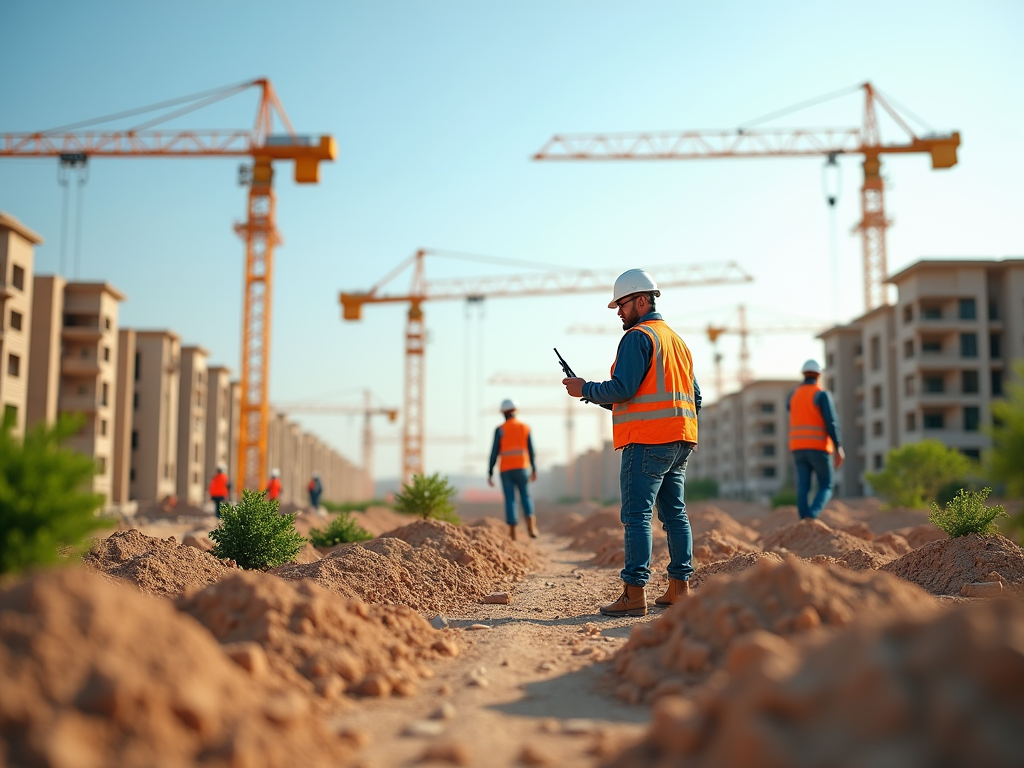 Construction workers and cranes at a building site, one with a walkie-talkie.