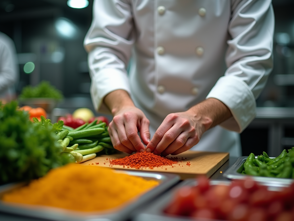 Chef in a professional kitchen precisely handling and chopping red lentils on a wooden board, surrounded by fresh vegetables.