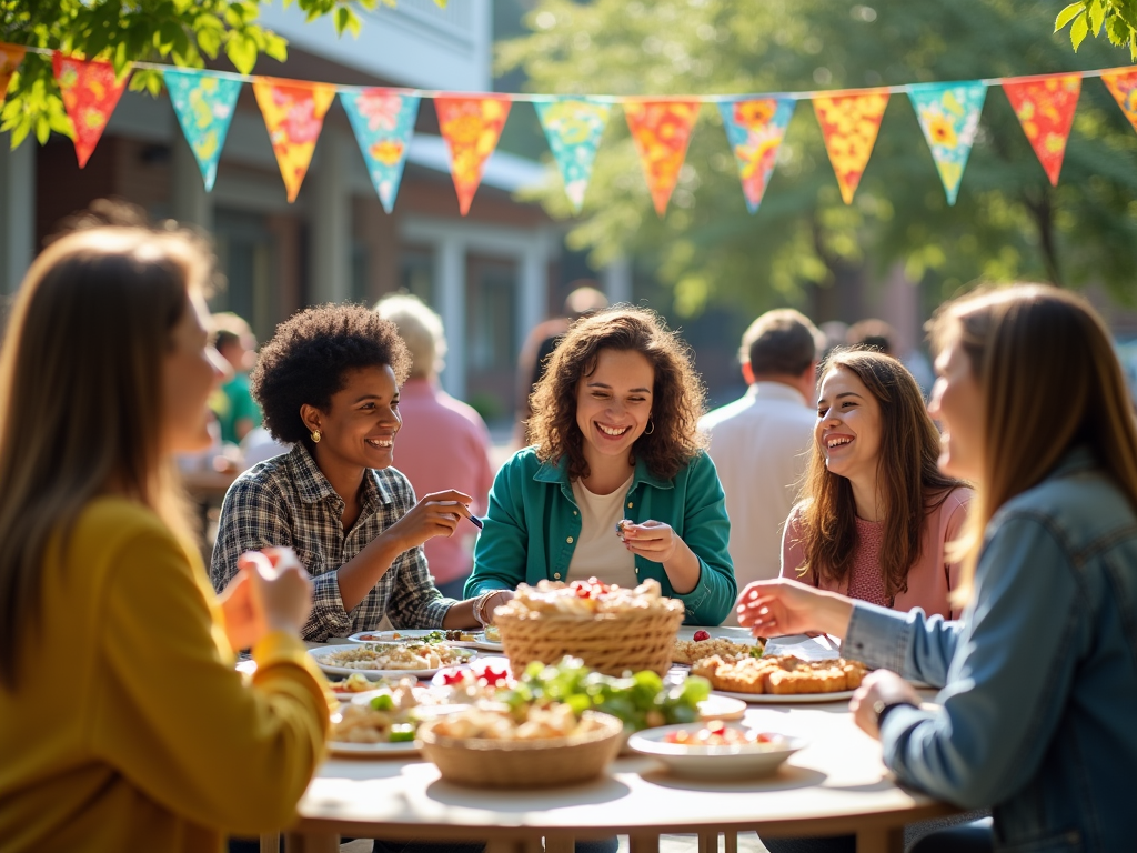 Diverse group of friends enjoying a meal outdoors with festive decorations.