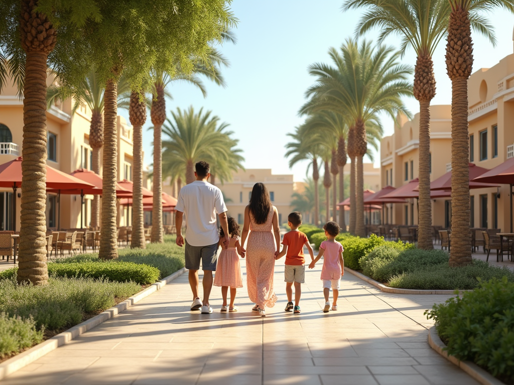 Family of four walking hand-in-hand along a sunny, palm-lined pathway in a resort area.