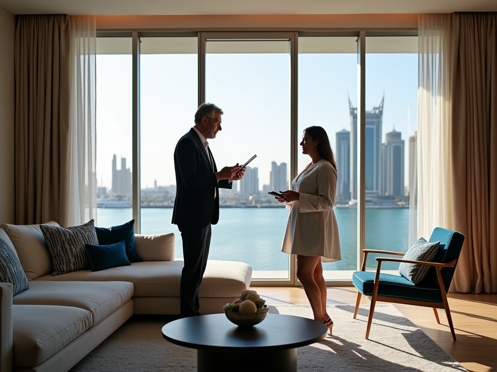 Two professionals discussing work in a luxurious living room with city skyline view through large windows.