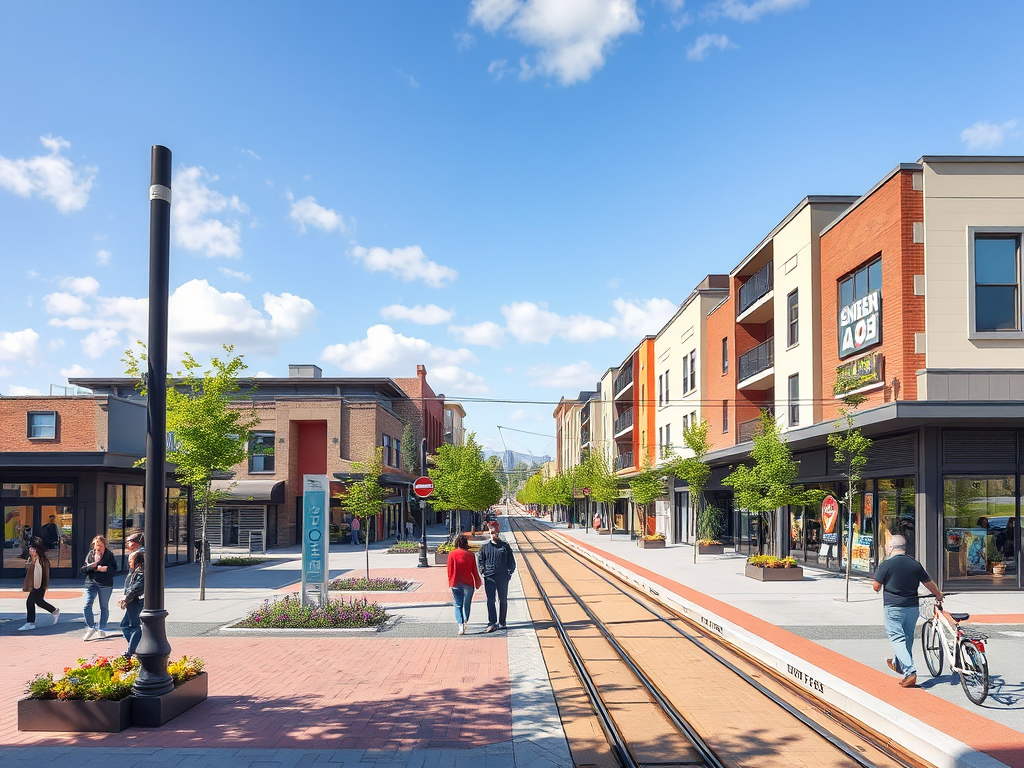 A vibrant urban scene with shops, trees, and pedestrians walking along a sunny pathway beside tram tracks.