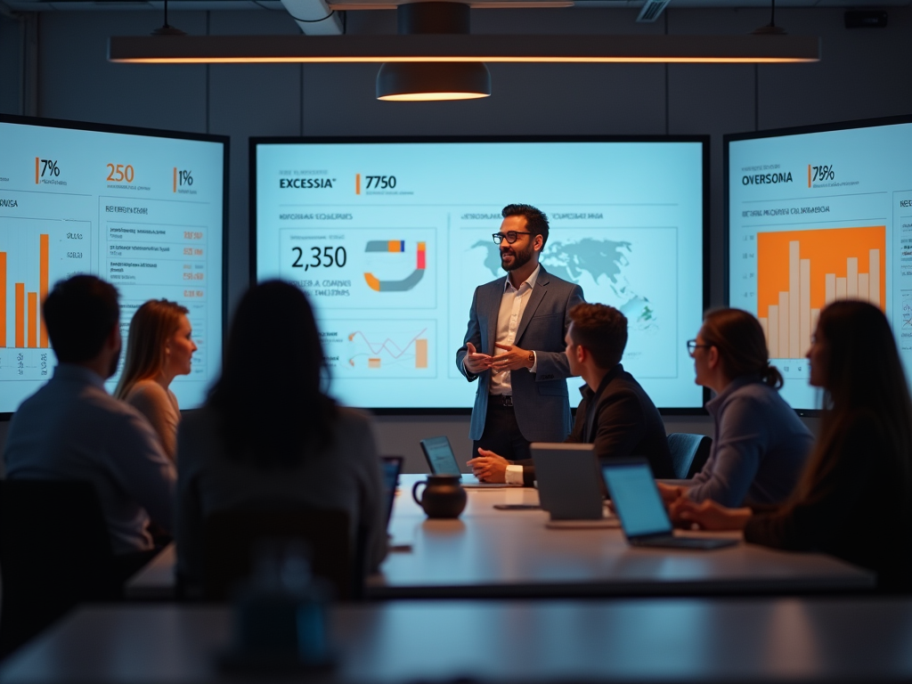 Businessman presenting to colleagues in a modern meeting room with digital screens displaying data.