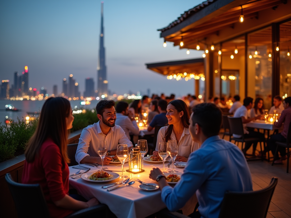 Group of friends dining at an outdoor restaurant with city skyline and lit tower in the background at dusk.