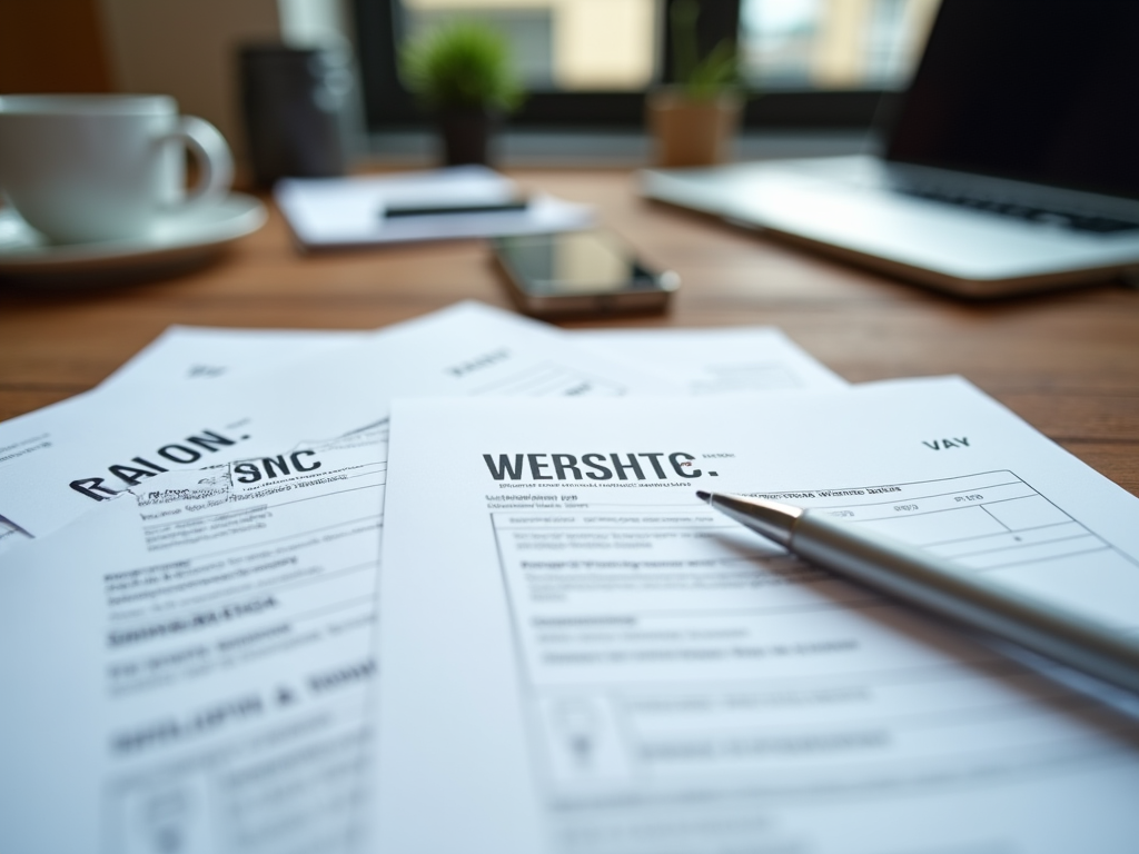 Close-up of business documents on a desk with a pen, cup, and laptop in the background.