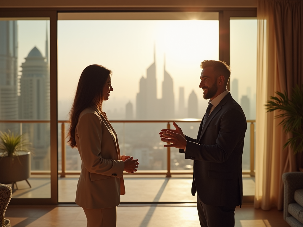 Two professionals in conversation, in front of large window overlooking cityscape at sunset.