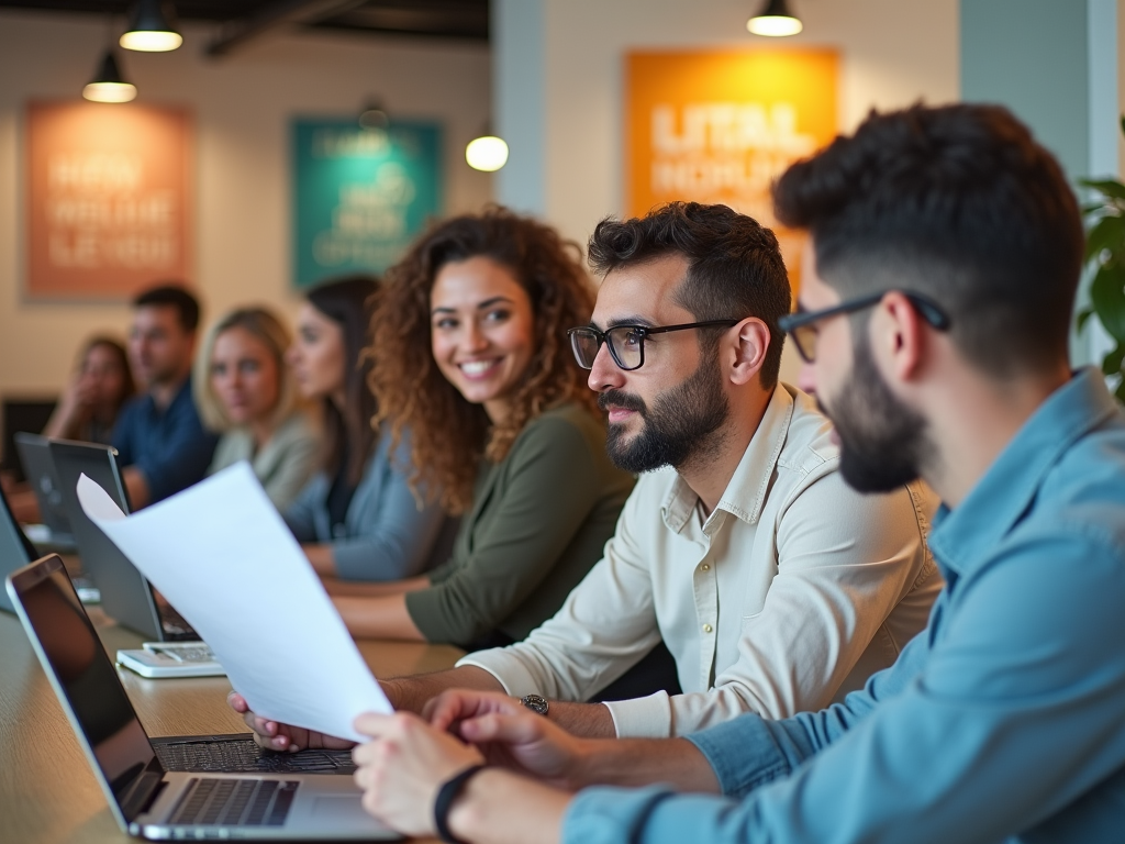 Group of young professionals engaged in a meeting with laptops and documents in a modern office.