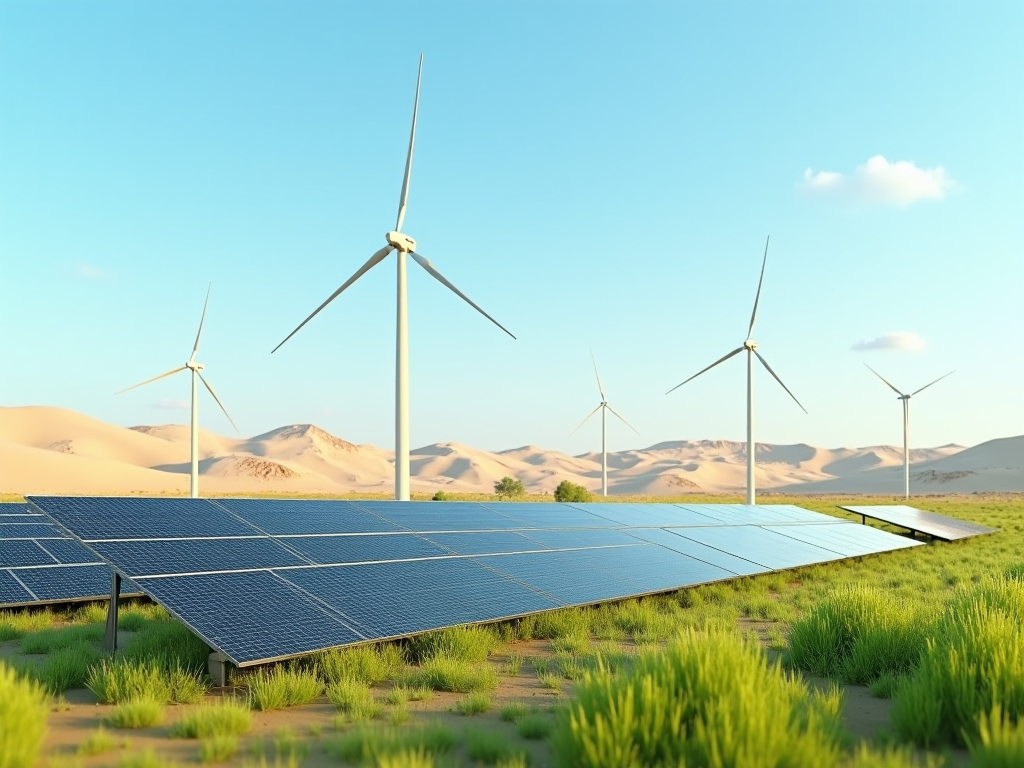 Solar panels and wind turbines in a desert landscape with sand dunes and a clear blue sky.