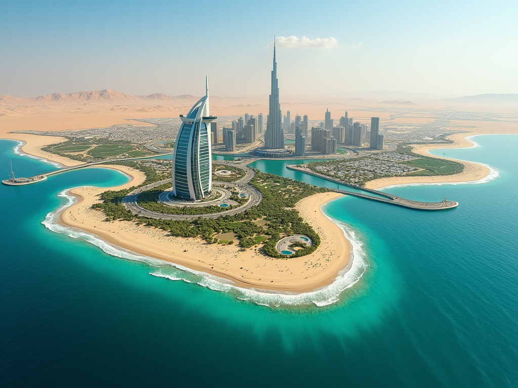 Aerial view of Dubai coastline showing Burj Al Arab, palm-shaped islands, and Burj Khalifa.