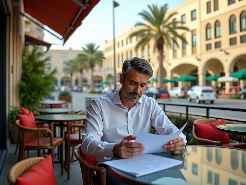 Man reviewing papers at an outdoor cafe with palm trees and buildings in the background.