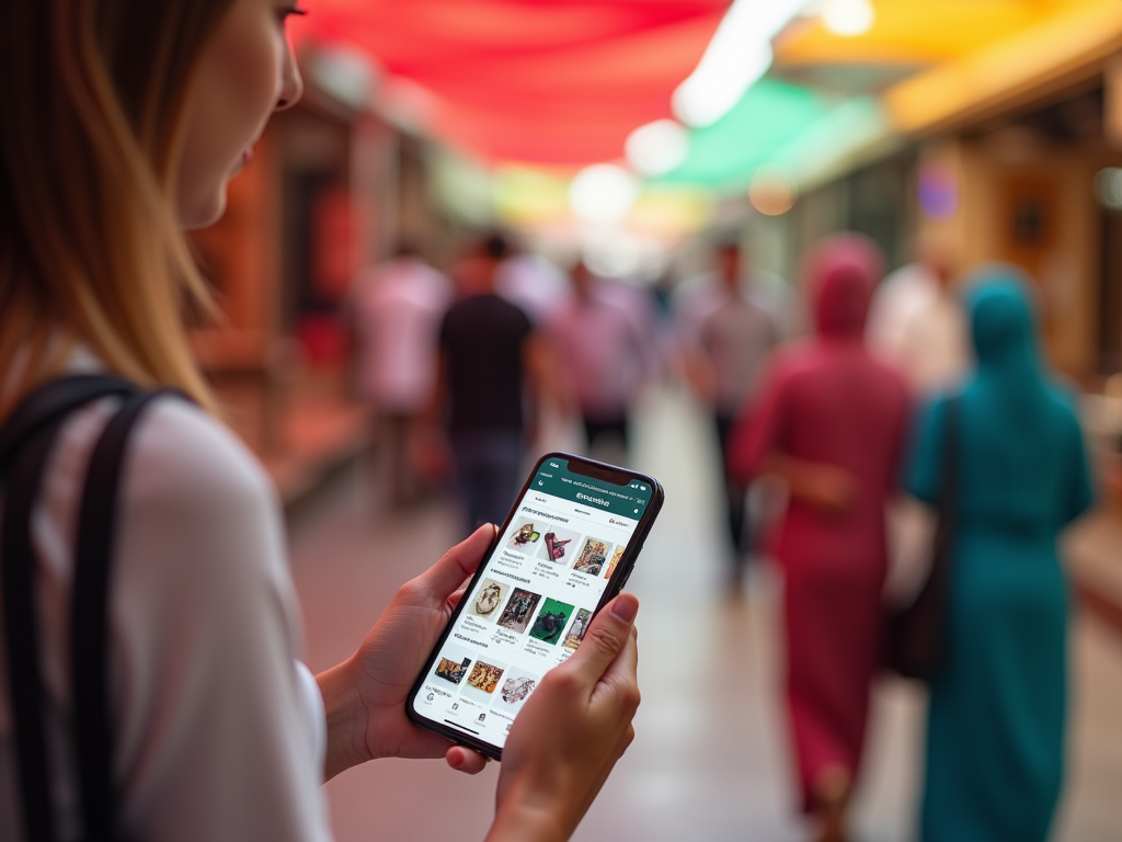 Woman using smartphone in colorful street market with blurred crowd background.