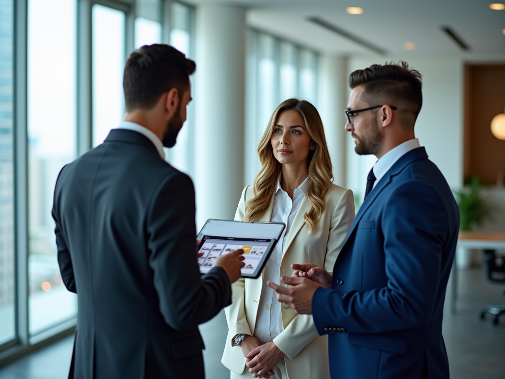 Three business professionals discussing over a digital tablet in a modern office setting.