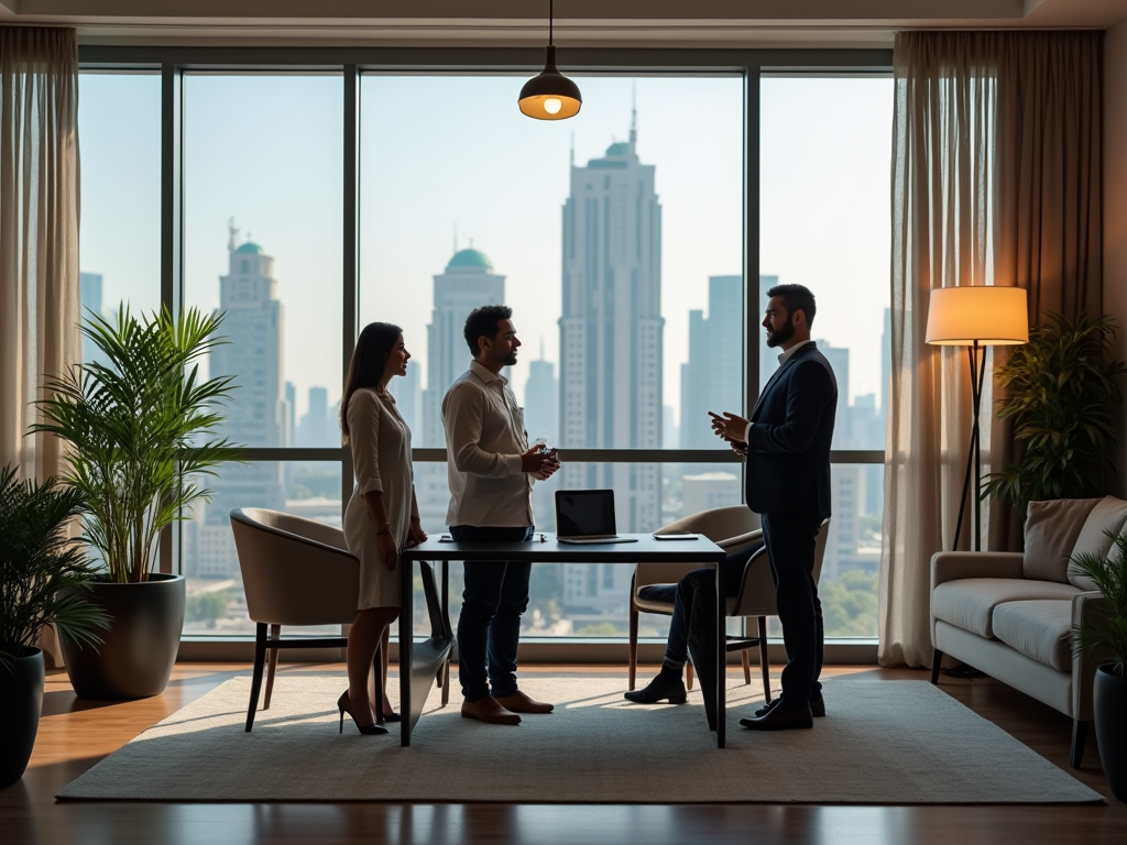 Three professionals discussing in a modern office with a cityscape view through large windows.