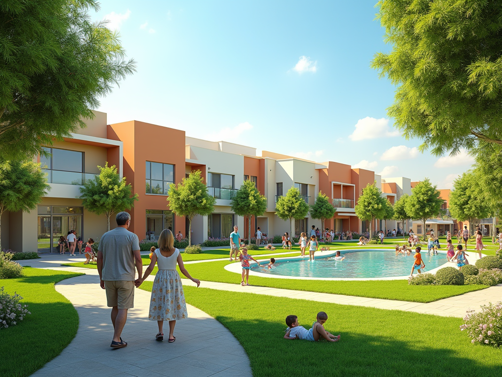 A couple walks towards a vibrant community pool surrounded by modern, colorful townhouses on a sunny day.