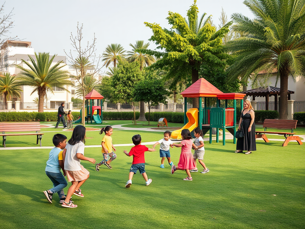 A group of children play together in a colorful playground surrounded by palm trees and green grass.