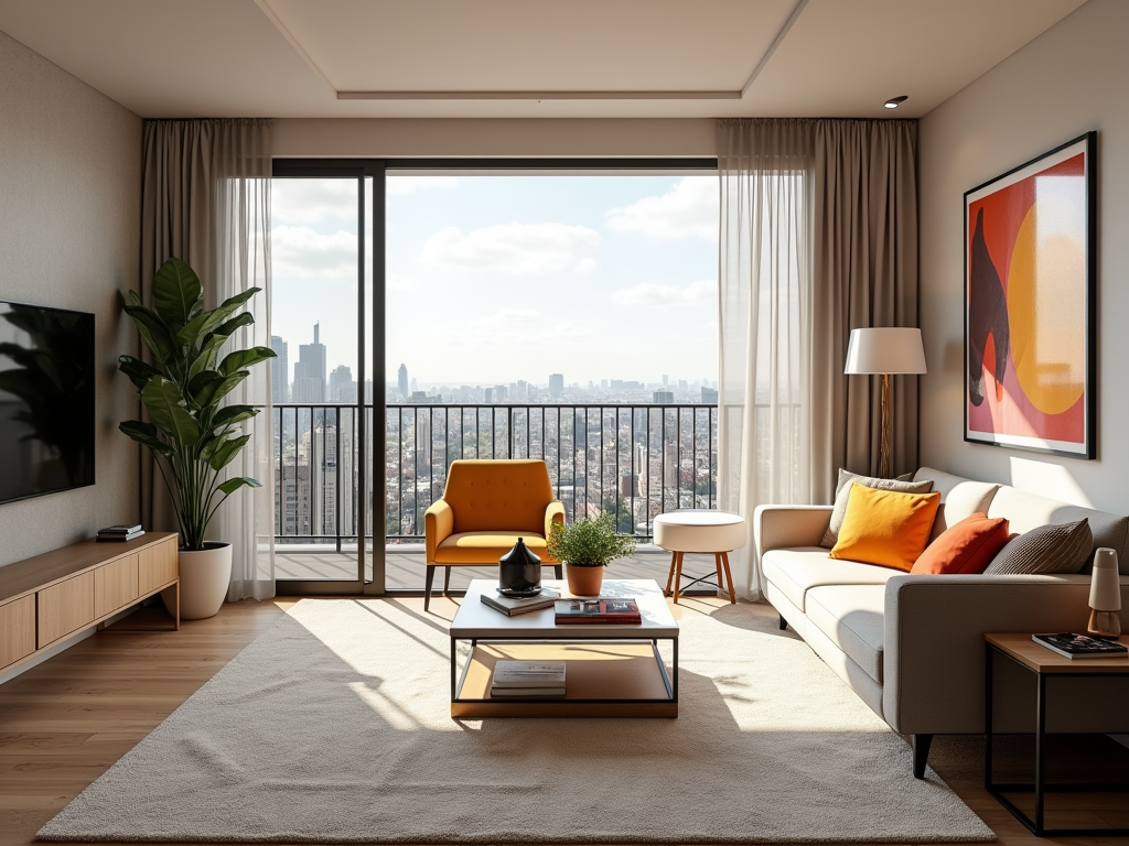 Modern living room with large window overlooking the city skyline, featuring stylish furniture and decor.