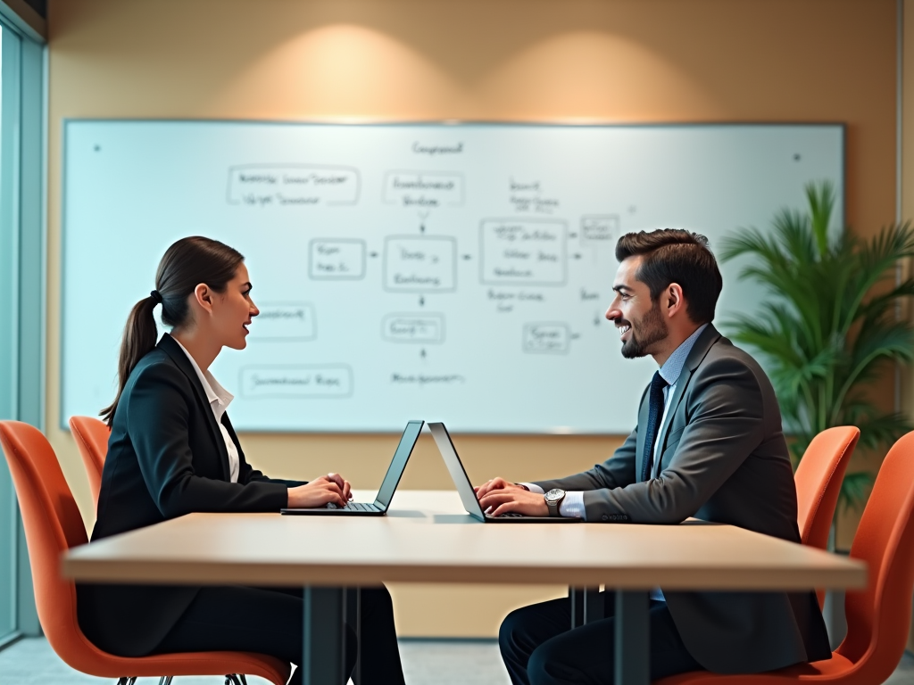 Two professionals discussing with a flowchart on a large whiteboard in a modern office.