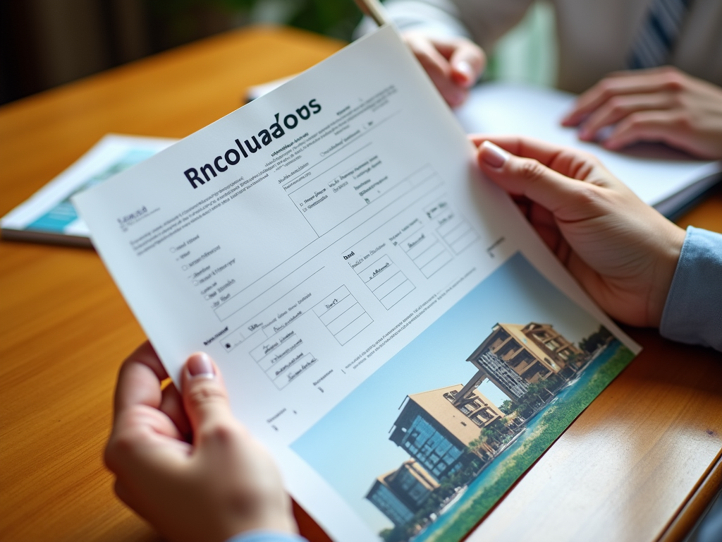 Two people discussing a document titled "Rncoluađos" with text and a photo of a building.