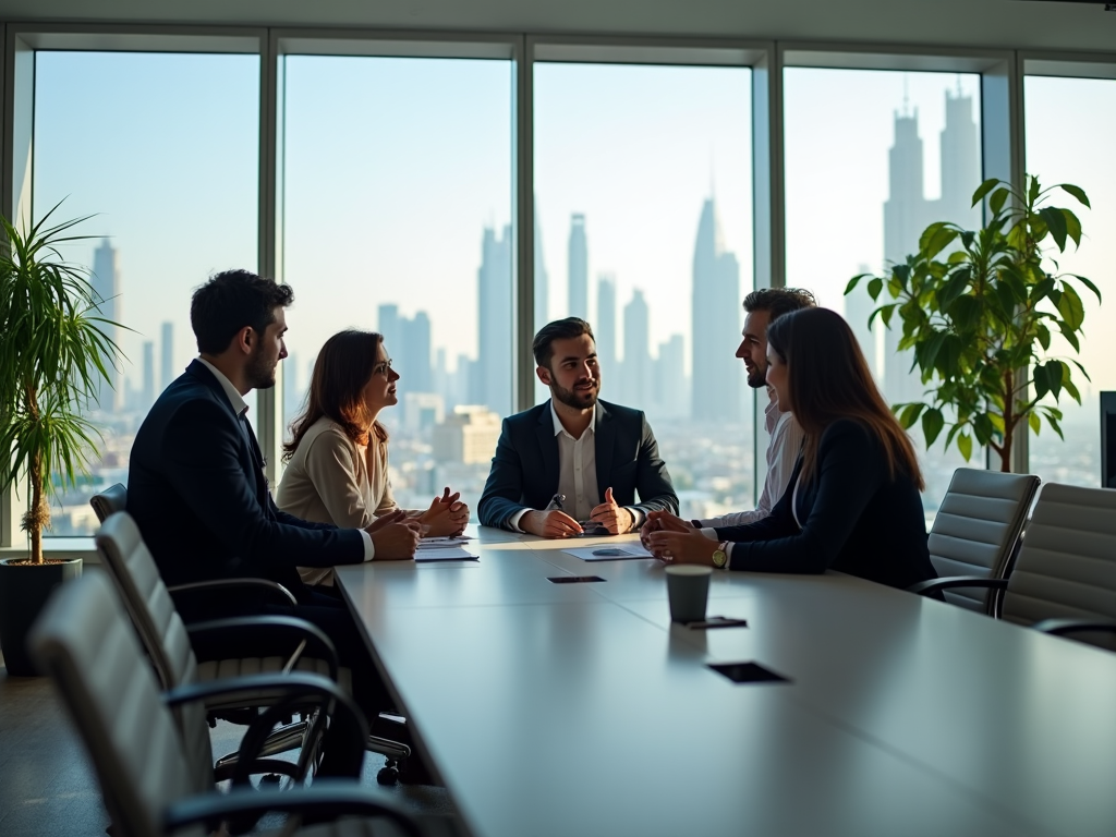 Four professionals in a meeting room with city skyline in the background.