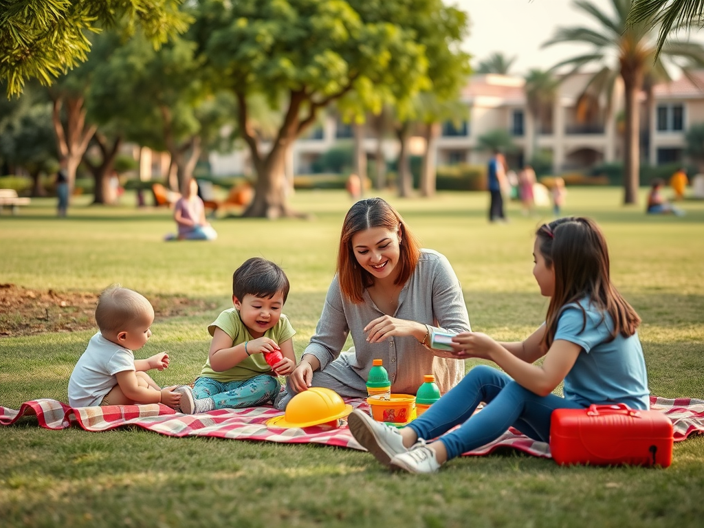 A woman sits on a blanket with three children, enjoying snacks in a park surrounded by greenery and palm trees.