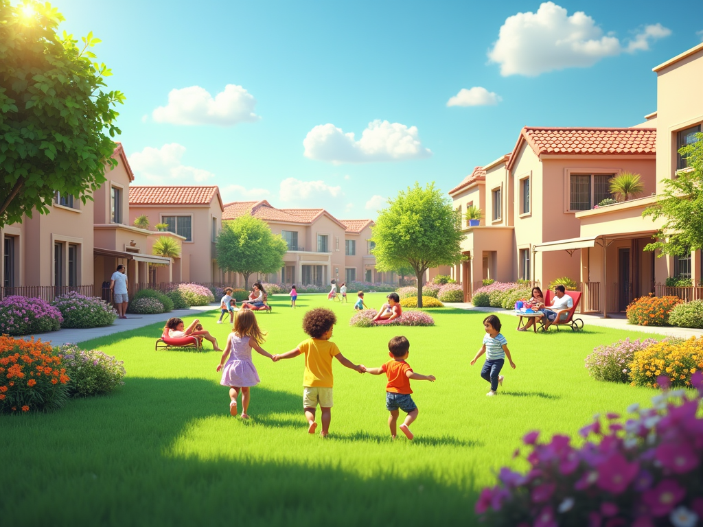 Children playing on the grass in a sunny suburban neighborhood with colorful houses.