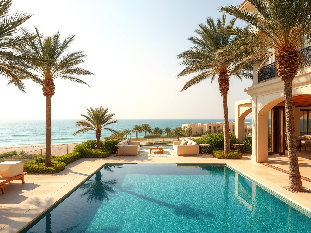 A luxurious villa with a pool, surrounded by palm trees and overlooking the serene ocean view.