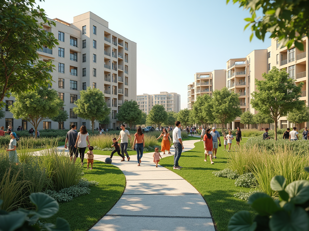 People strolling through a green, landscaped park between modern apartment buildings.