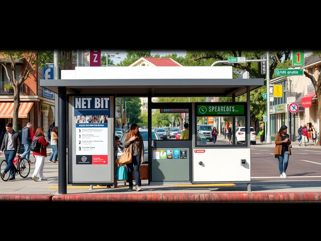 A busy street scene featuring a bus stop with signage, people waiting, and shops nearby. Trees line the street.