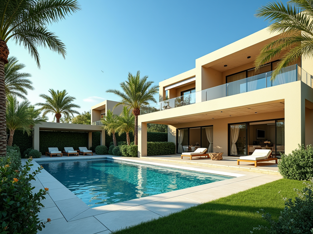 Luxurious modern house with pool, palm trees, and loungers under a sunny sky.