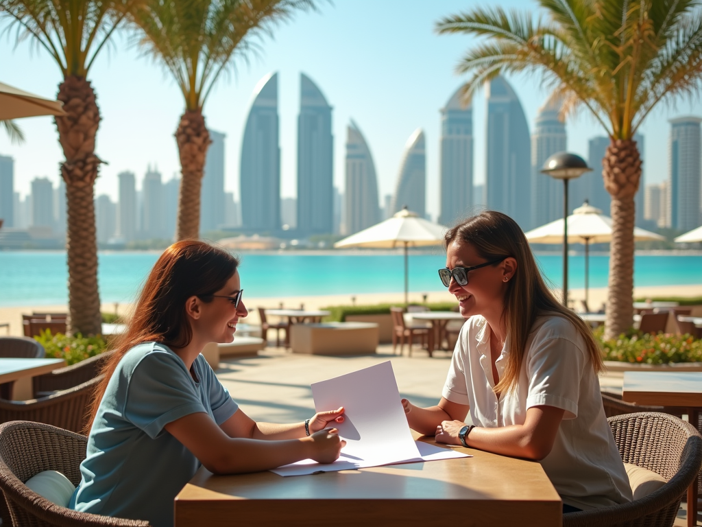 Two women conversing at an outdoor table with futuristic cityscape backdrop by a waterfront.