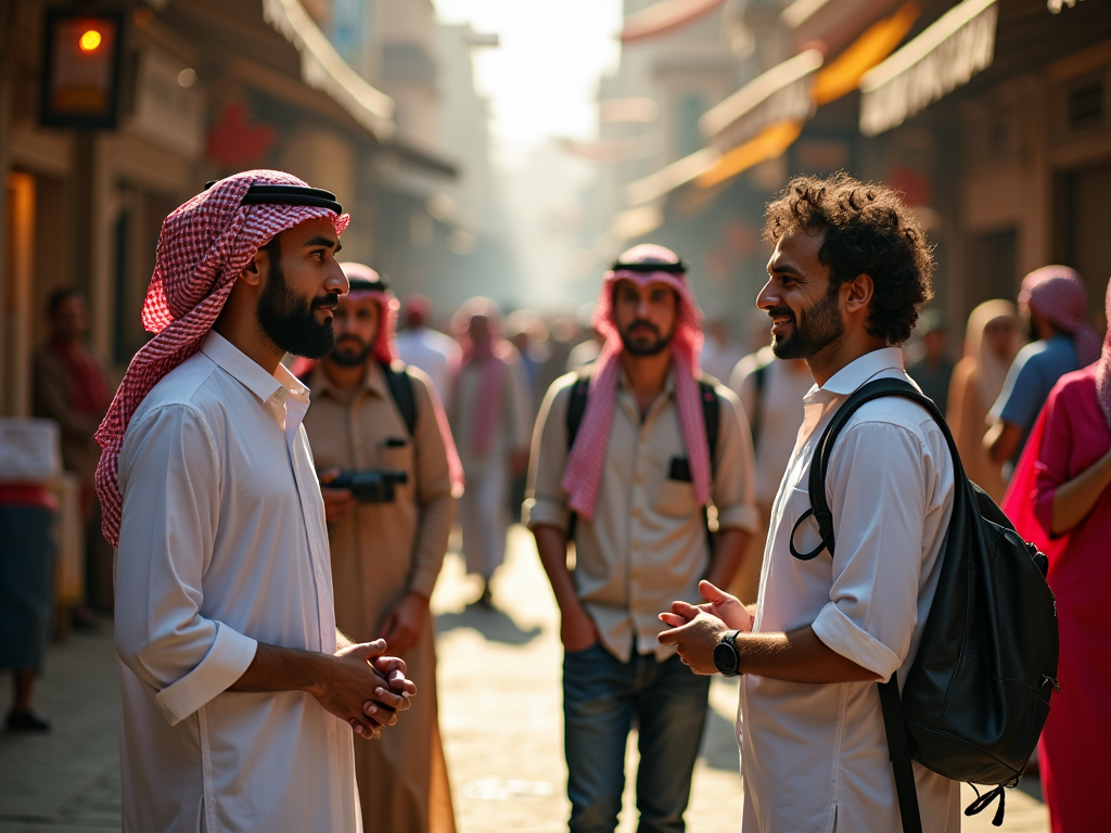 Two men engaging in conversation on a busy street, with others walking around them.