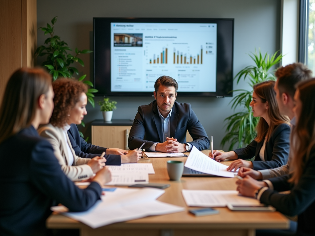 Business meeting in progress with a male leader and five participants discussing data displayed on a screen.