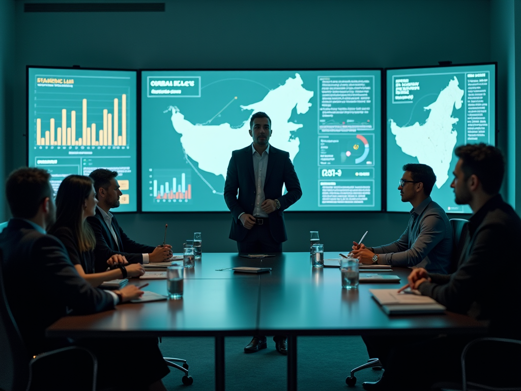 Man presenting at a business meeting with digital displays showing data and maps.