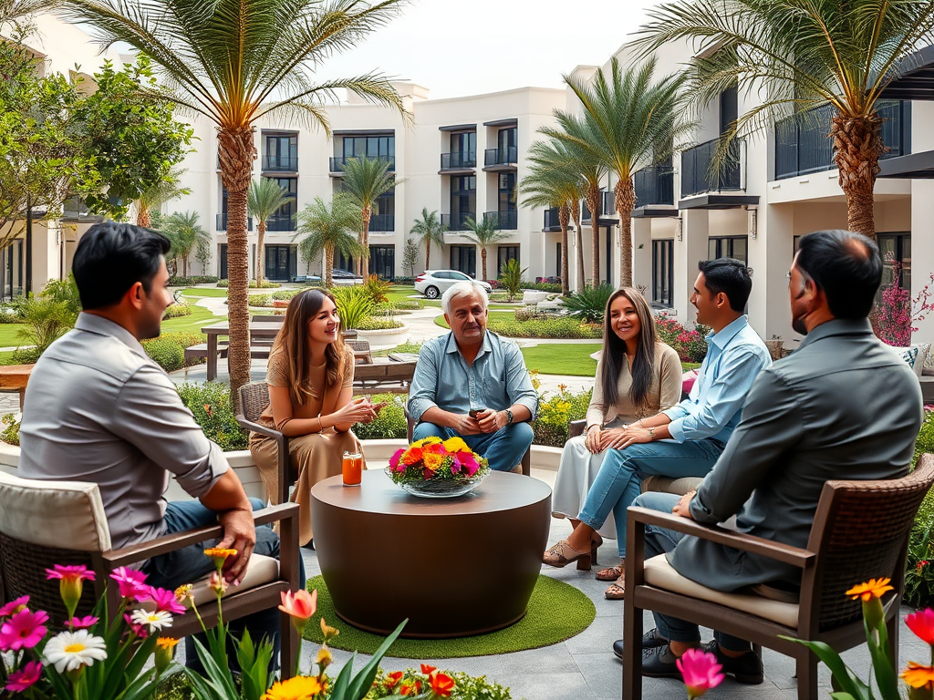 A group of six people sits in a garden area, engaged in conversation, surrounded by palm trees and flowers.