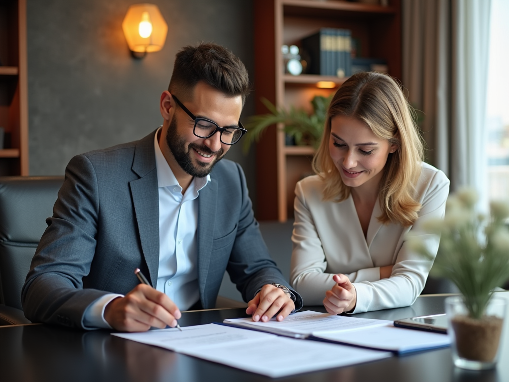 Two professionals smiling while reviewing documents at a stylish office table.