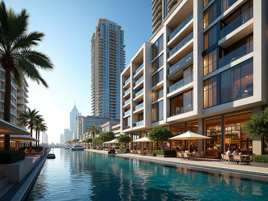 Luxurious waterfront promenade with modern high-rises, dining areas, and palm trees.