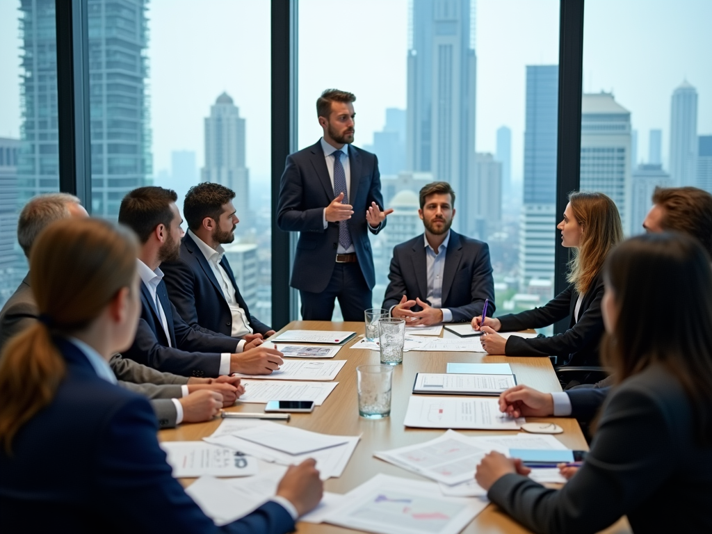 Business meeting in a modern office with a panoramic city view, where a man is presenting to colleagues.